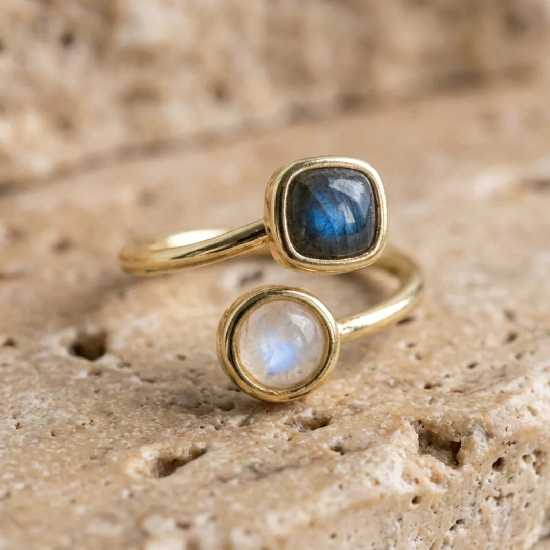 Bague Ajustable en Labradorite & Pierre de Lune - Ishana