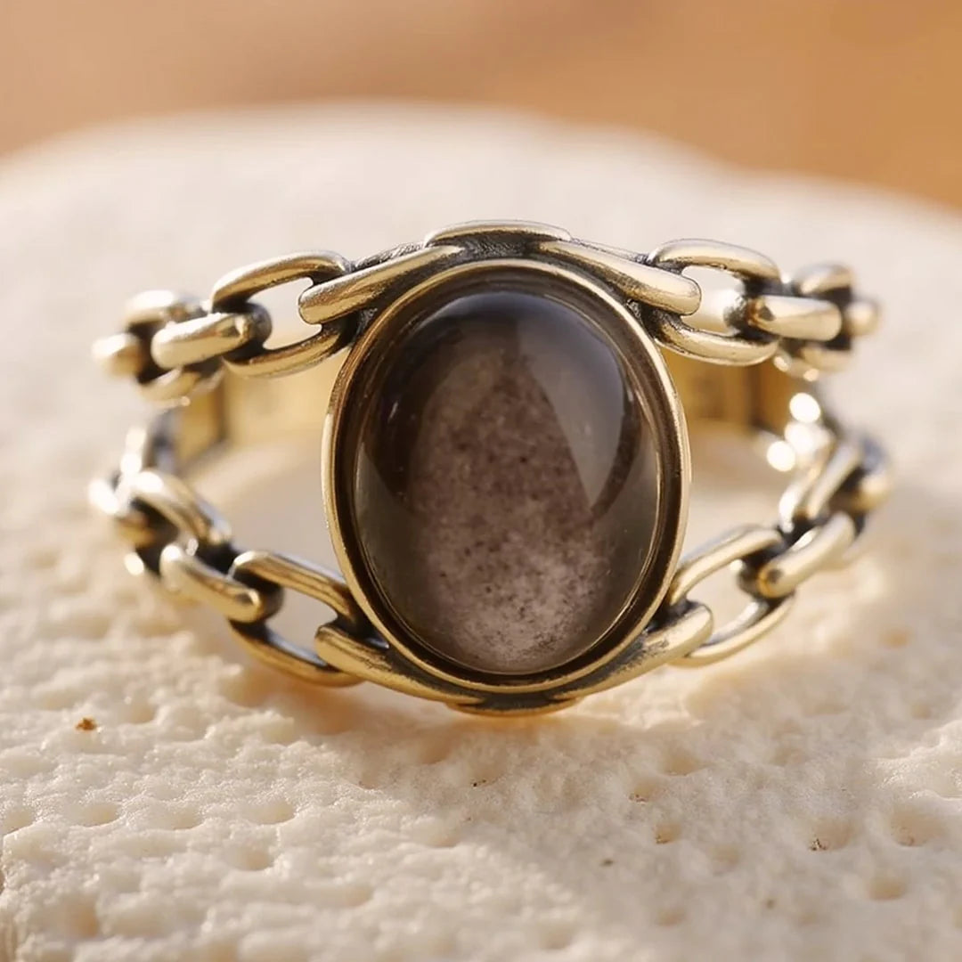 Bague Ajustable "Syriana" en Obsidienne Dorée