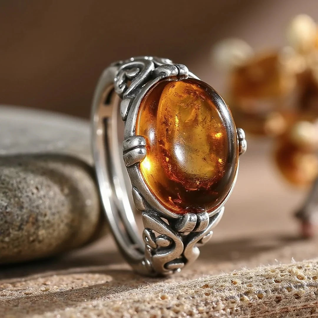 Bague Ajustable "Soléa" en Ambre & Argent