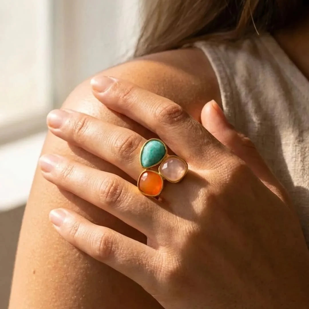 Bague en Amazonite, Aventurine Orange & Quartz Rose - Santéa