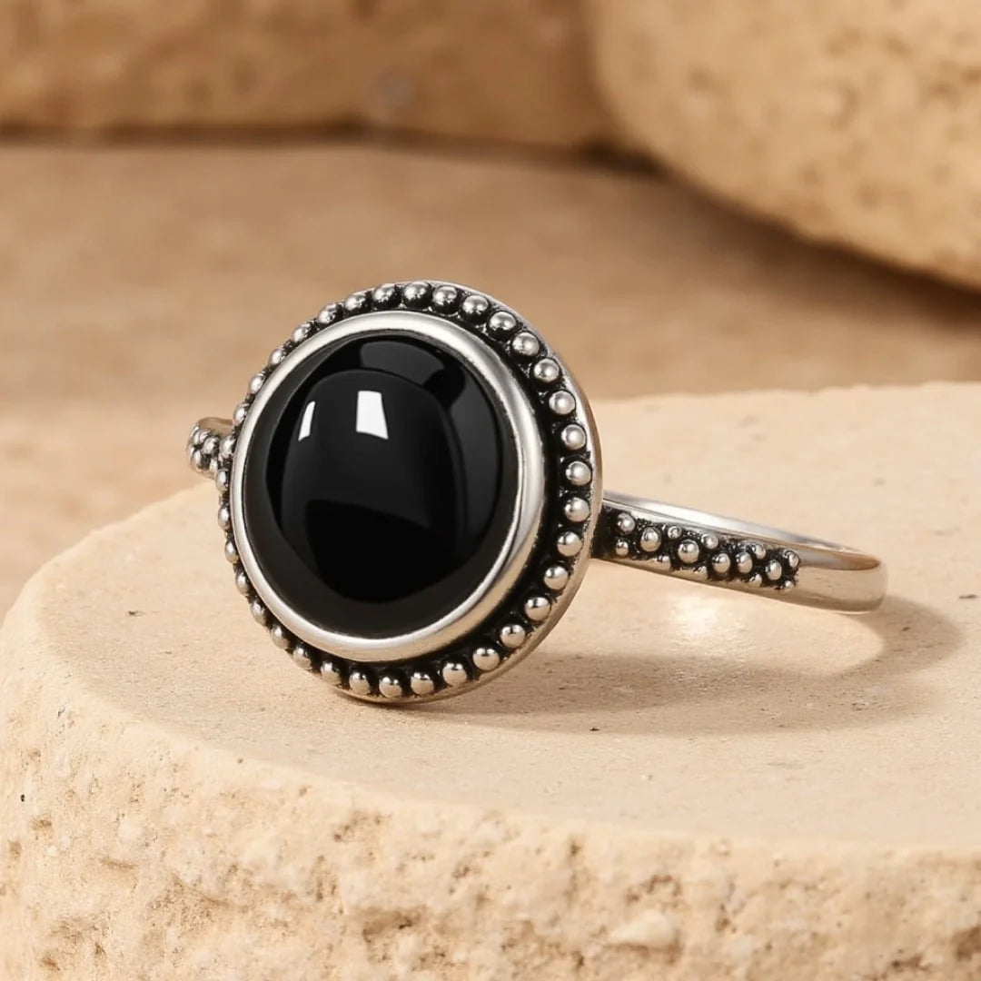 Bague "Bouclier d'Energie" en Onyx Noir & Argent