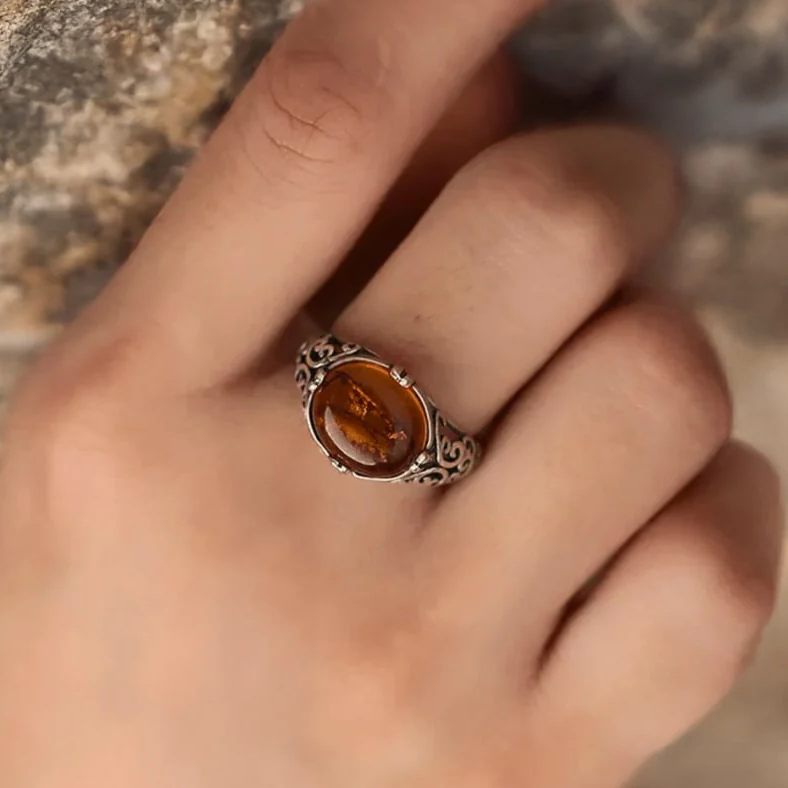 Bague Ajustable "Soléa" en Ambre & Argent
