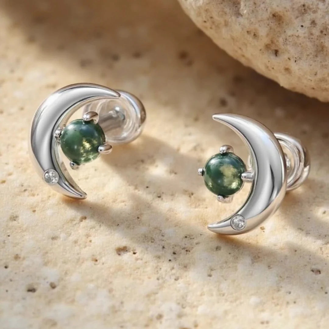 Boucles d'Oreilles "Intuition Lunaire" en Agate Mousse & Argent