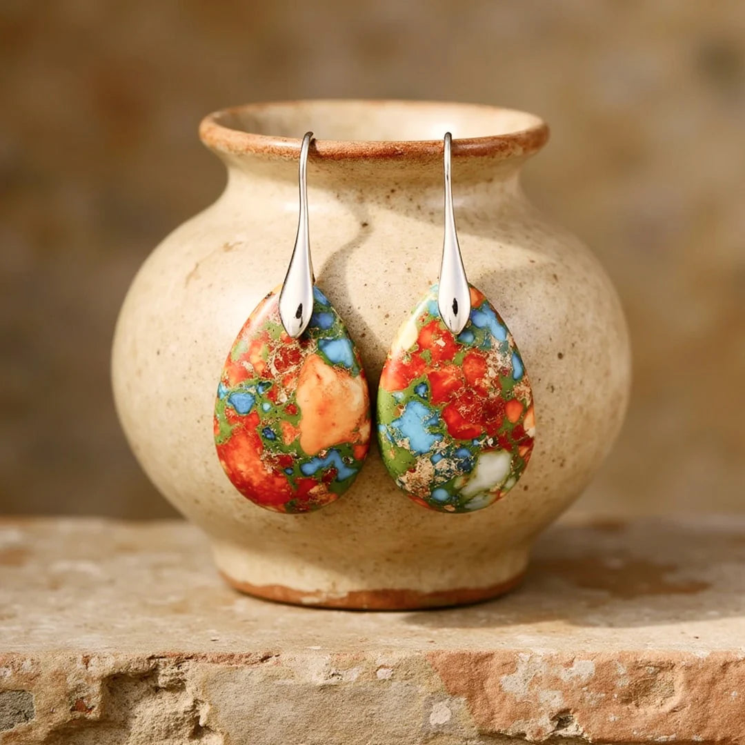 Boucles D’oreilles Pendantes En Jaspe Impérial Multicolore – Dormeuses Laiton, Neuves