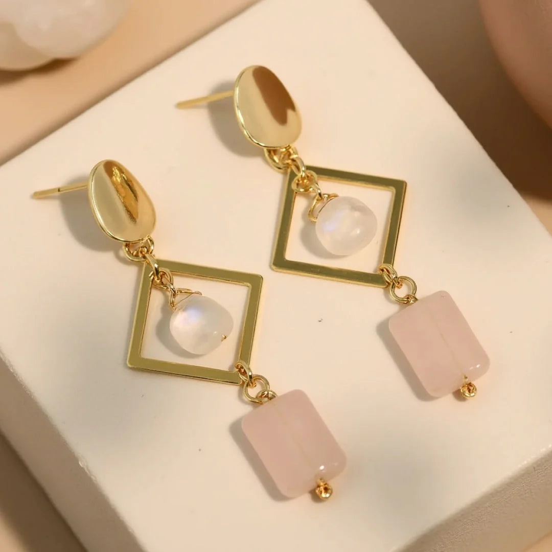 Boucles d’Oreilles en Quartz Rose & Pierre de Lune - Elegancia