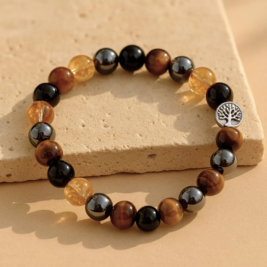 Bracelet en Citrine, Hématite, Oeil de Tigre & Obsidienne - Élan de Lumière