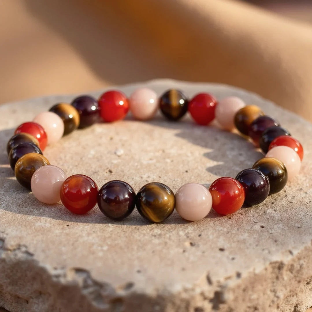Bracelet en Oeil de Tigre, Pierre de Soleil, Grenat & Cornaline - Éclat de Chance