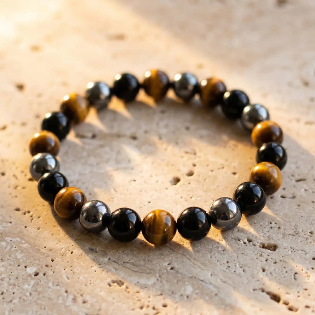 Bracelet en Oeil de Tigre, Hématite & Obsidienne Noire - Triple Protection