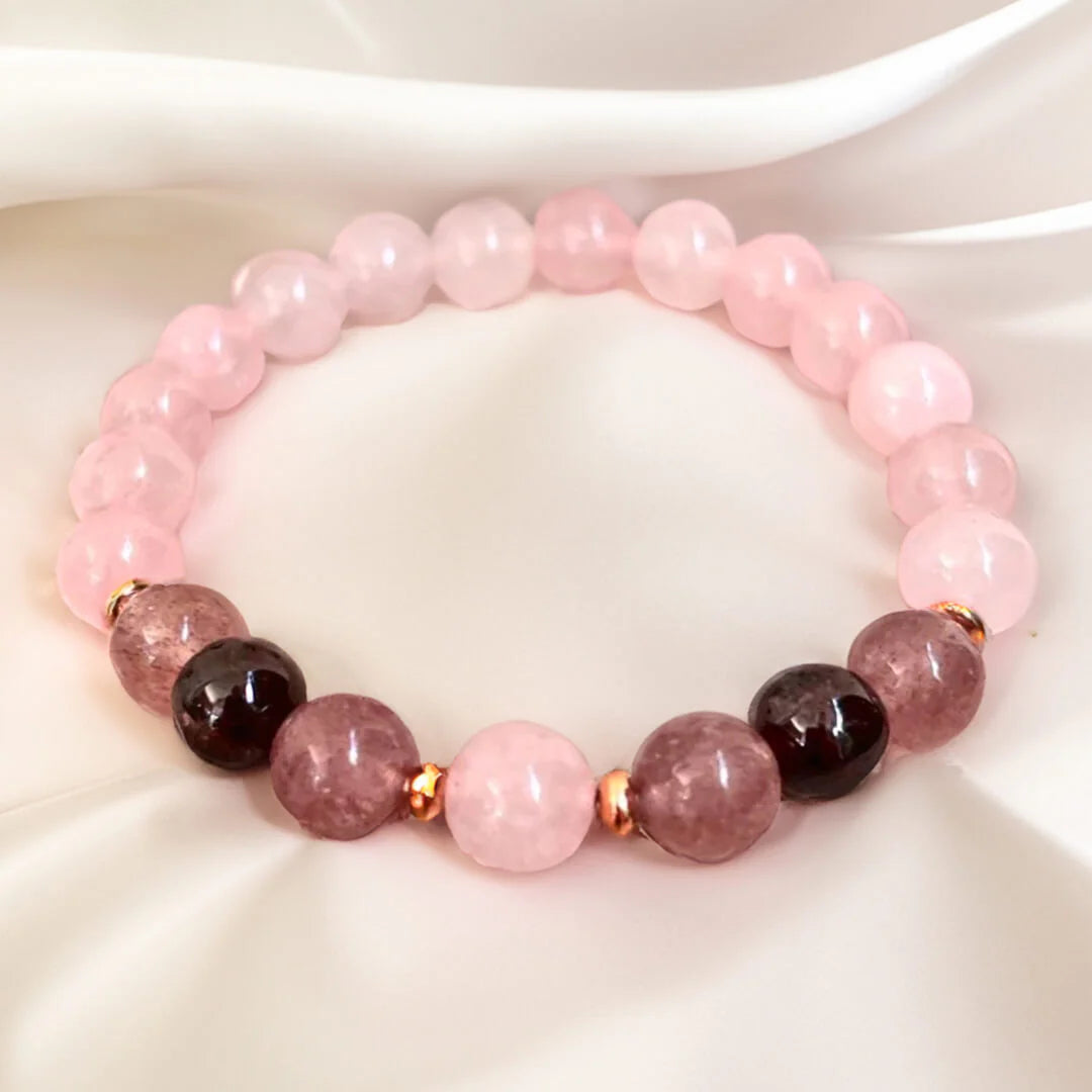 Bracelet "Promesse d'Amour" en Quartz Rose, Grenat & Quartz Fraise