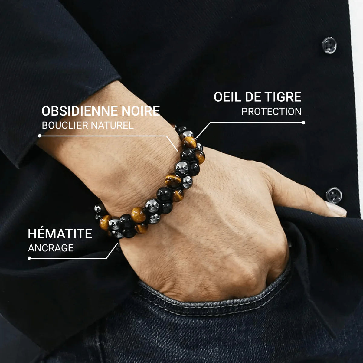 Bracelet "Bouclier Tellurique" en Obsidienne, Hématite & Oeil de Tigre