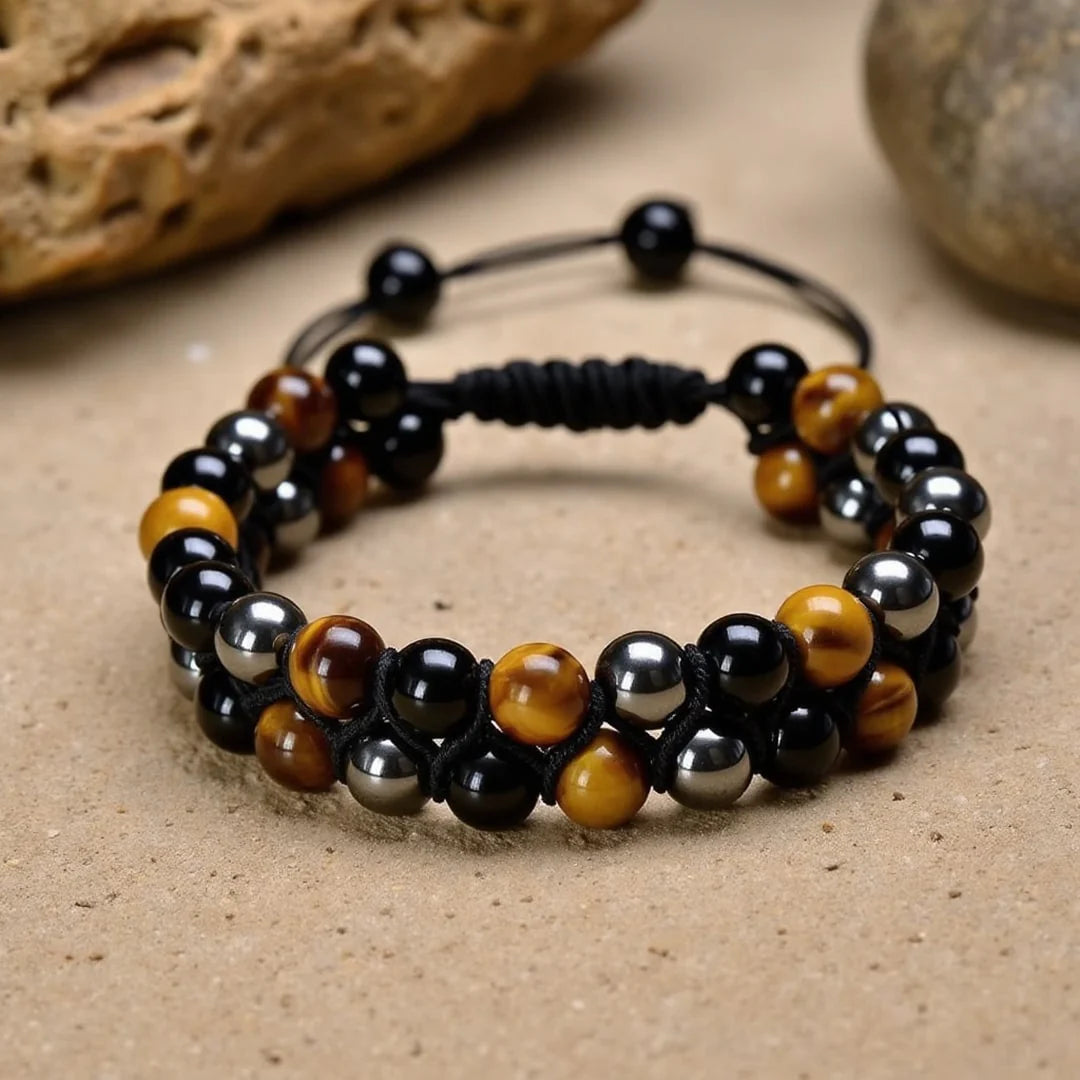 Bracelet "Bouclier Tellurique" en Obsidienne, Hématite & Oeil de Tigre