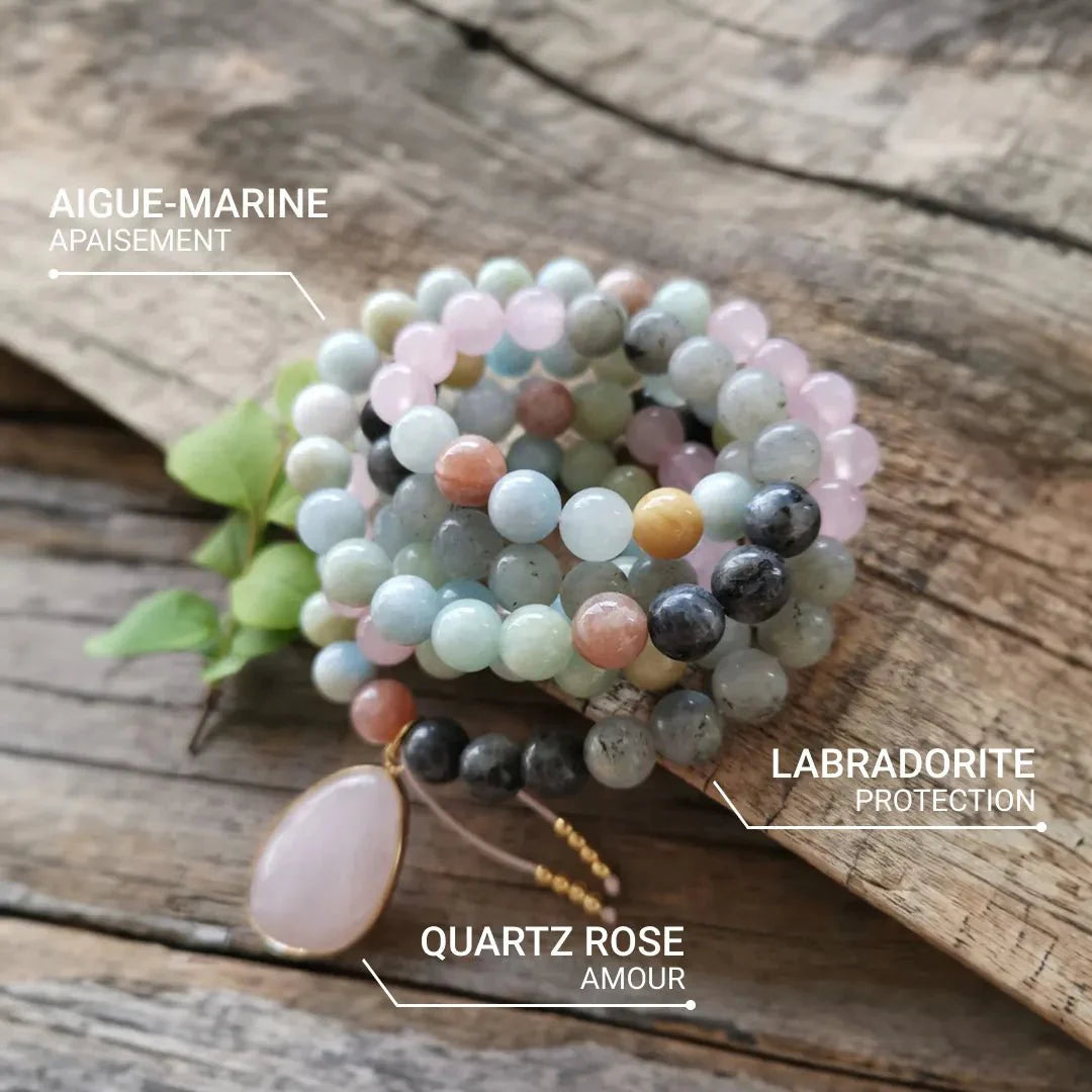Collier Mala "Aura Sereine" en Aigue-Marine, Quartz Rose & Labradorite