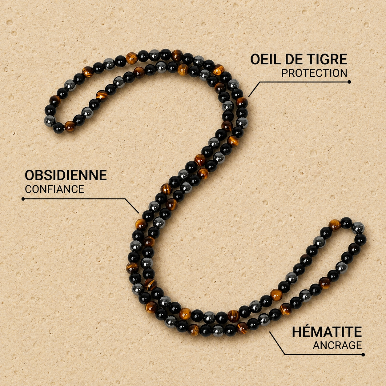 Collier en Hématite, Obsidienne & Oeil de Tigre - Triple Protection