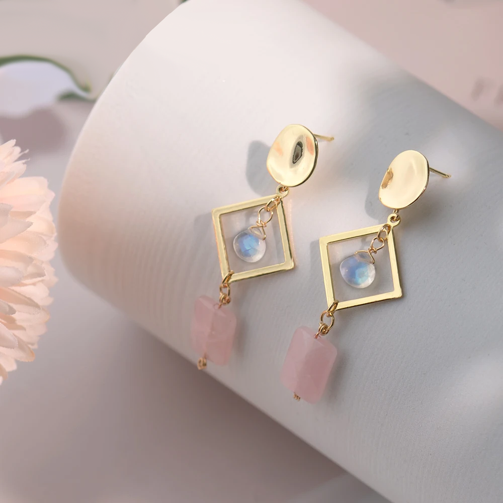 Boucles d’Oreilles en Quartz Rose & Pierre de Lune - Elegancia