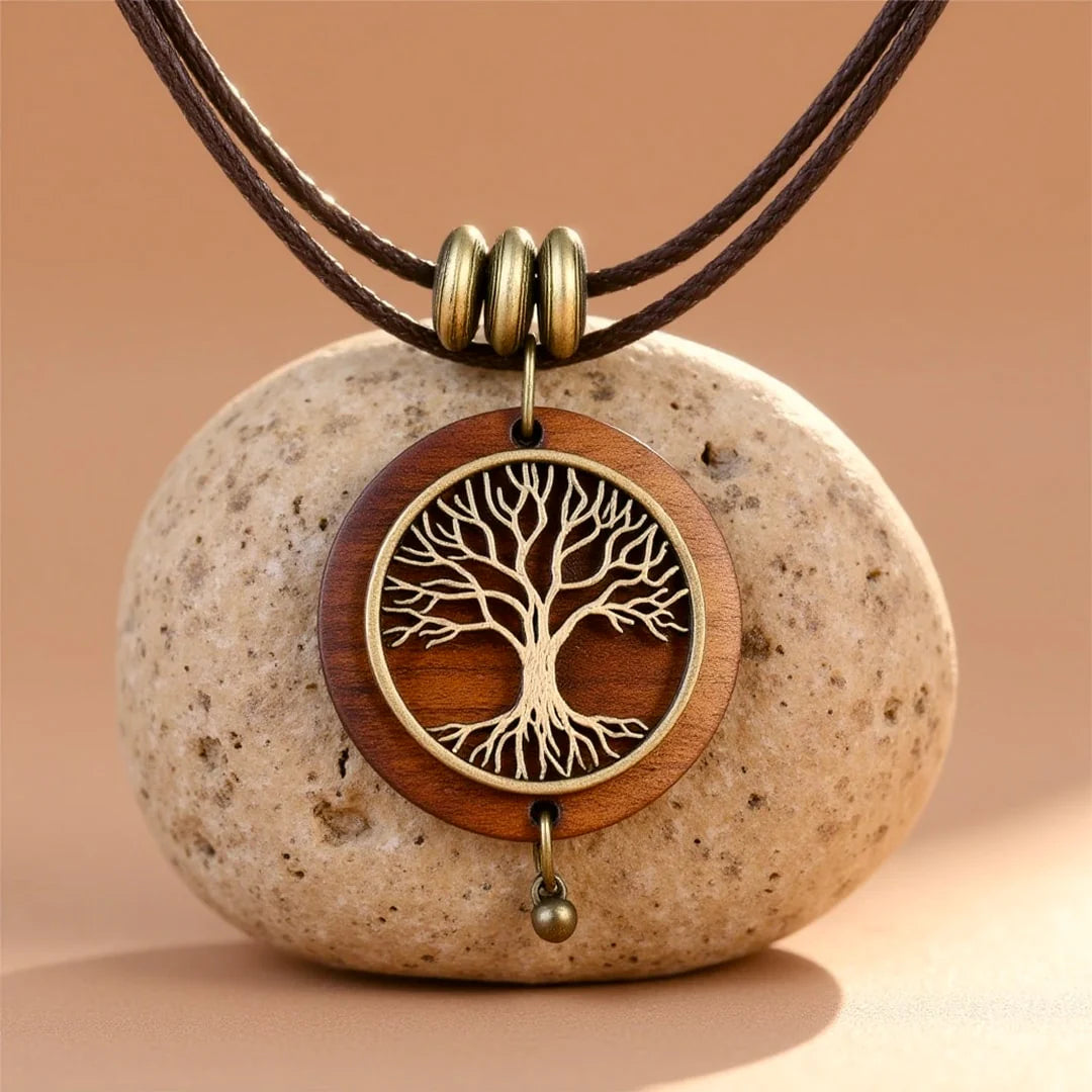 Collier Pendentif en Bois de Merisier - Arbre de Vie Eternel