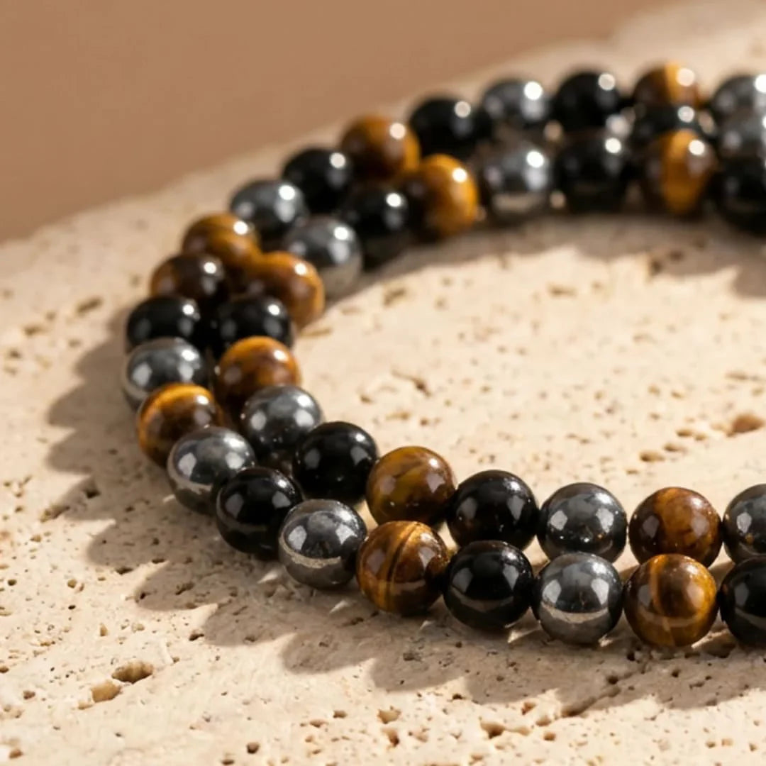 Collier en Hématite, Obsidienne & Oeil de Tigre - Triple Protection