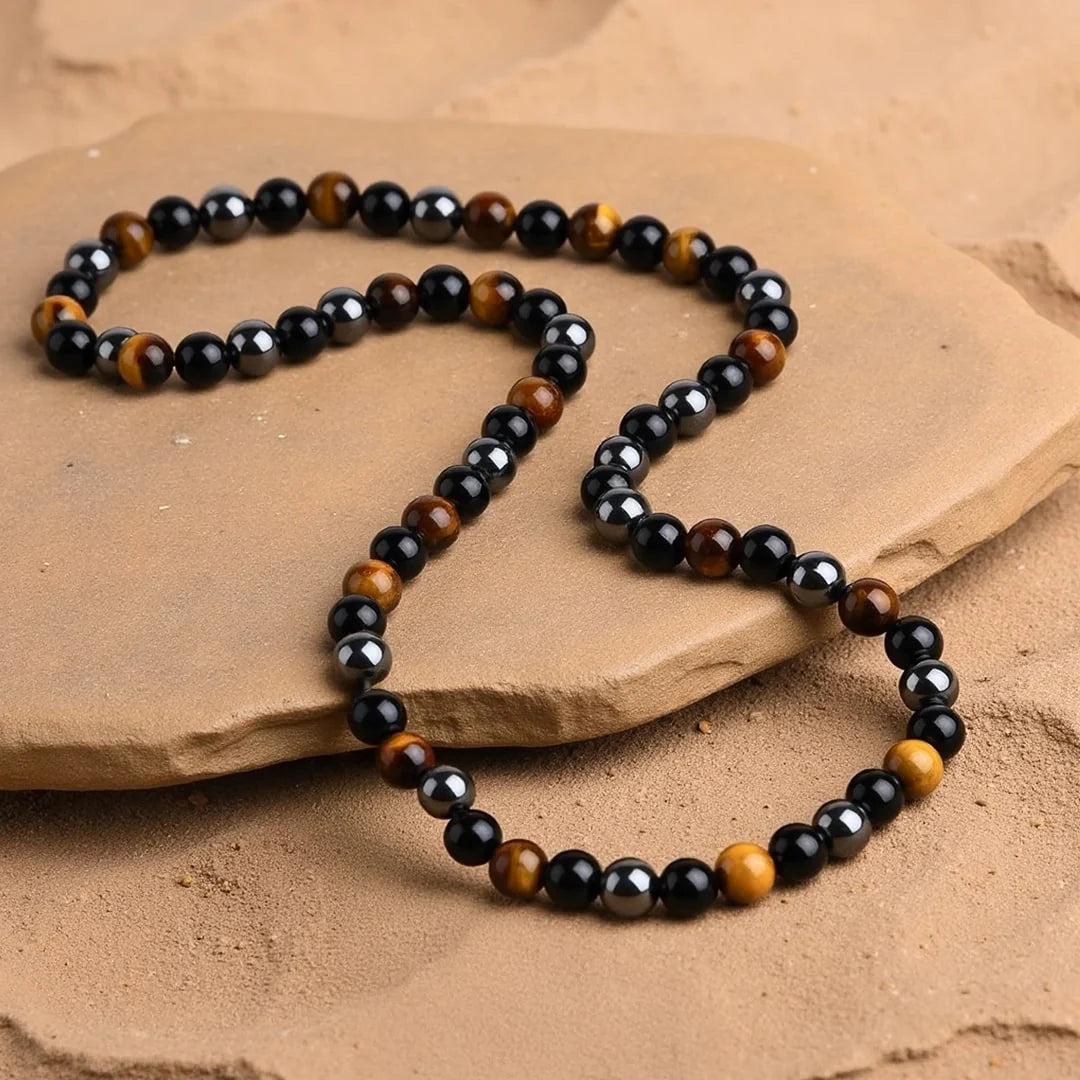 Collier en Hématite, Obsidienne & Oeil de Tigre - Triple Protection