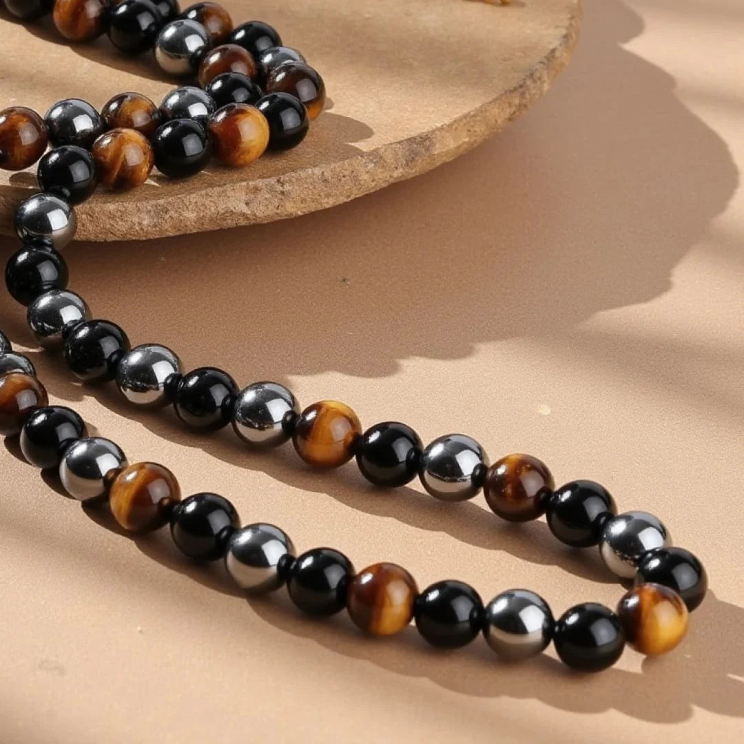 Collier en Hématite, Obsidienne & Oeil de Tigre - Triple Protection