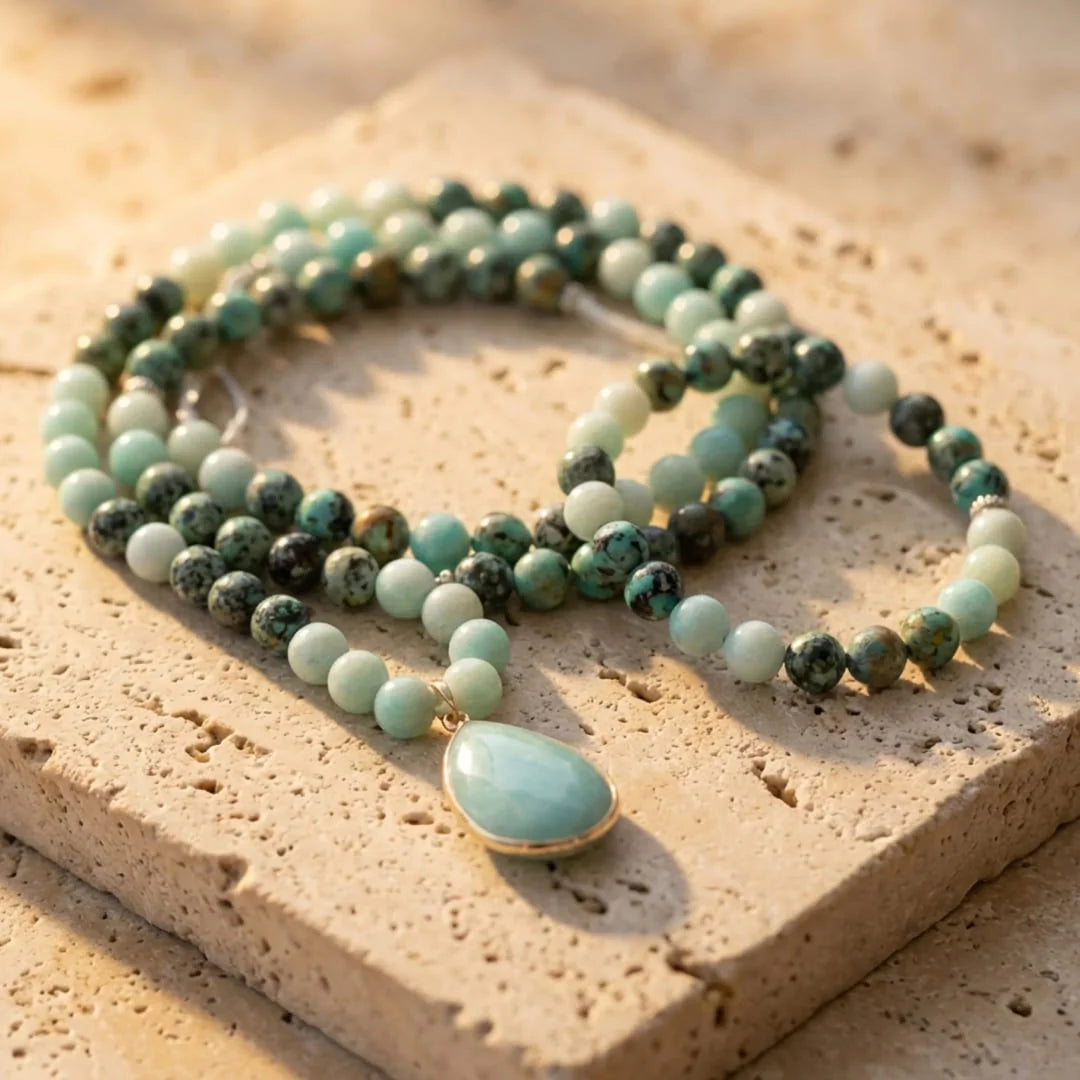 Collier Mala en Amazonite & Turquoise Africaine - Douce Libération