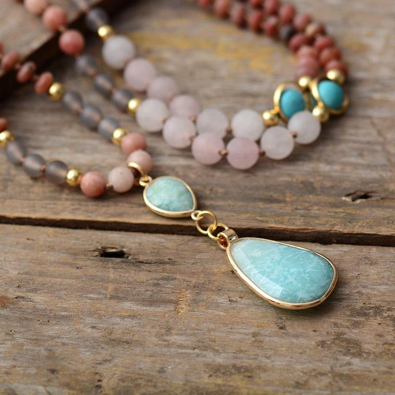 Collier Mala Ethnique en Turquoise, Amazonite, Quartz Rose & Rhodonite