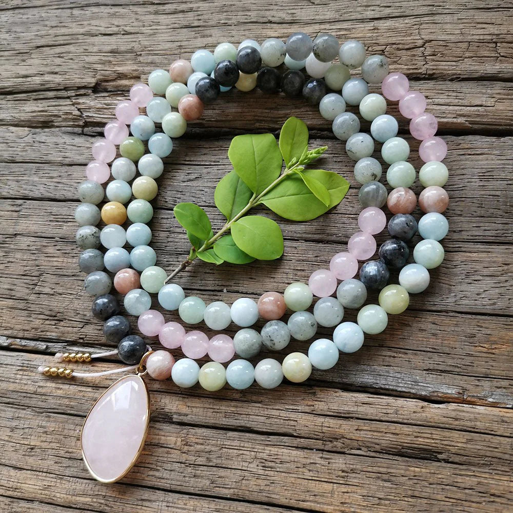 Collier Mala "Aura Sereine" en Aigue-Marine, Quartz Rose & Labradorite