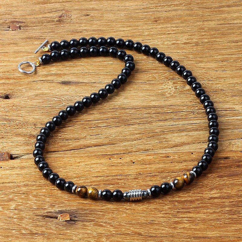 Collier "Ligne de Force" en Oeil de Tigre & Obsidienne Noire