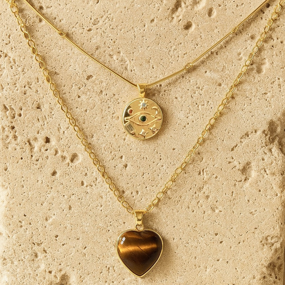 Collier Double en Oeil de Tigre "Gardien du Coeur"