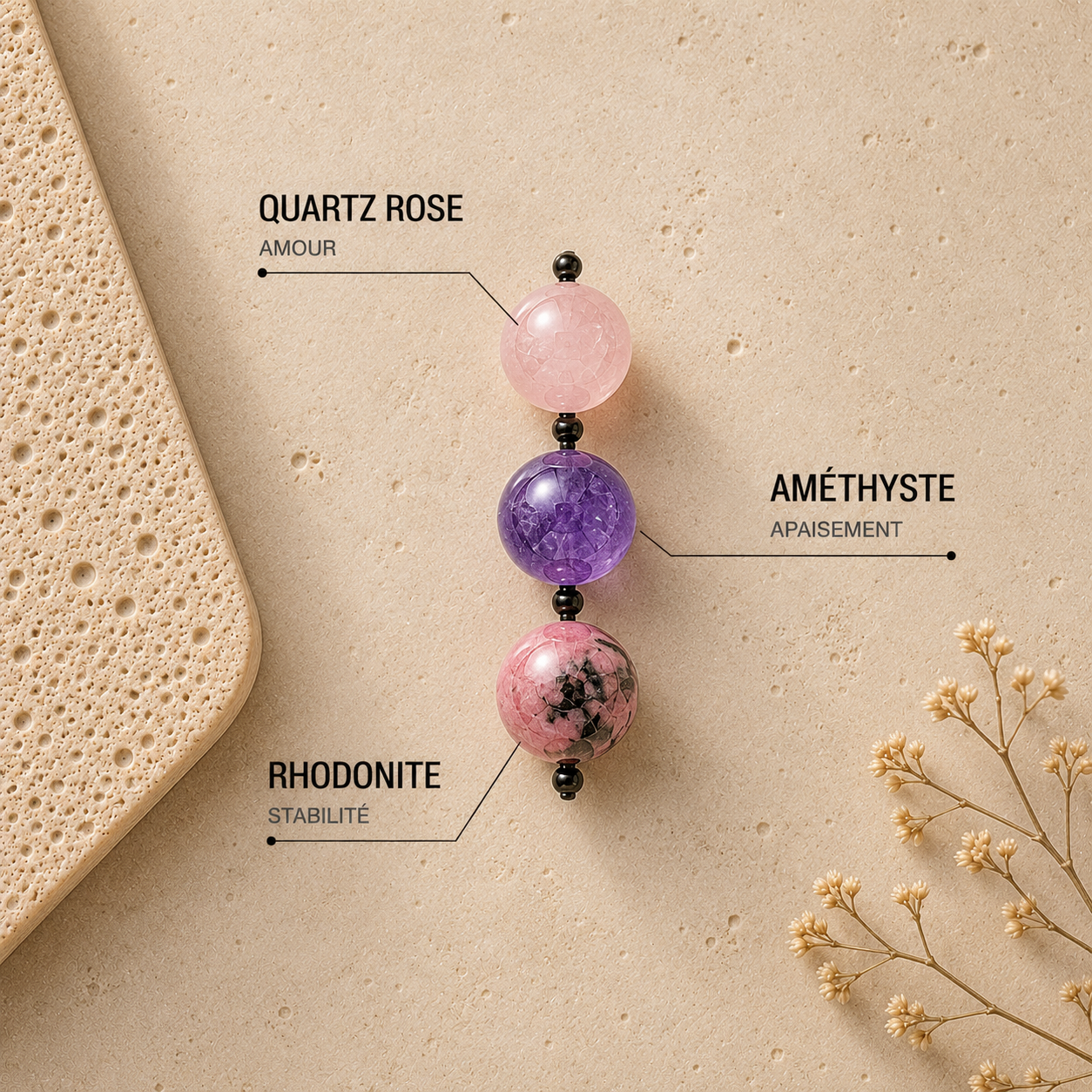 Bracelet en Rhodonite, Améthyste & Quartz Rose - Amour Retrouvé