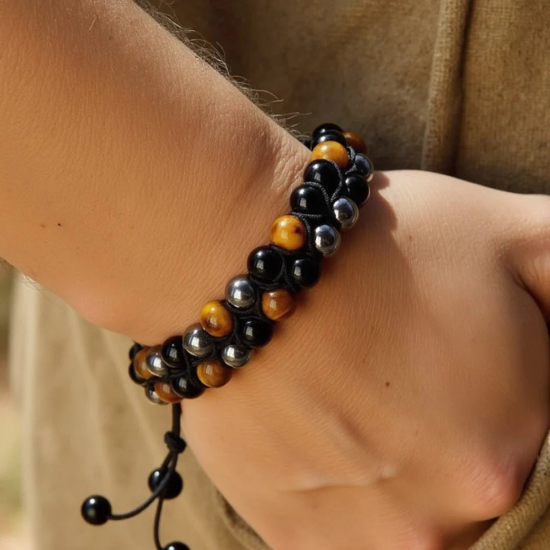 Bracelet "Bouclier Tellurique" en Obsidienne, Hématite & Oeil de Tigre
