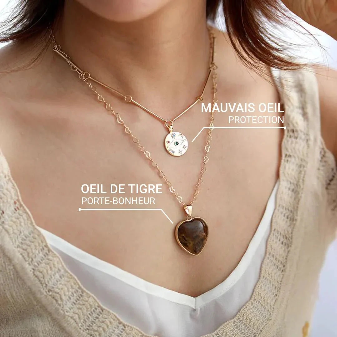 Collier Double en Oeil de Tigre "Gardien du Coeur"