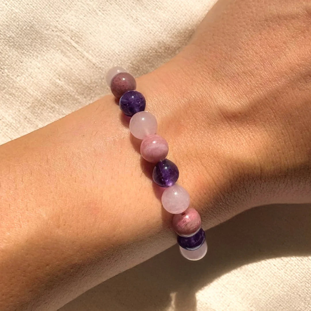 Bracelet "Amour Retrouvé" en Rhodonite, Améthyste & Quartz Rose