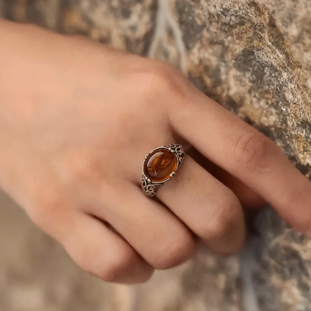 Bague Ajustable "Soléa" en Ambre & Argent