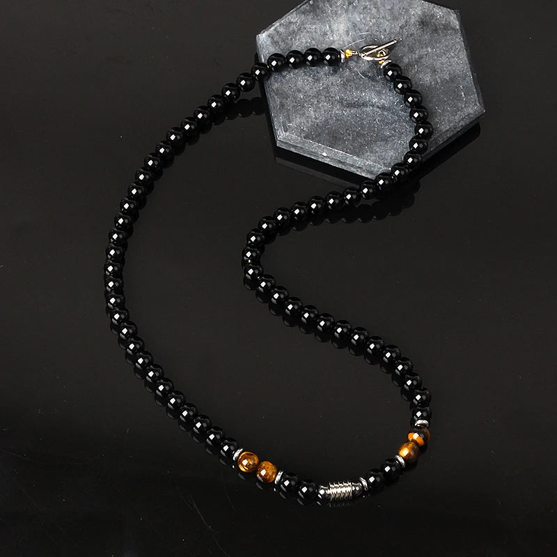 Collier "Ligne de Force" en Oeil de Tigre & Obsidienne Noire