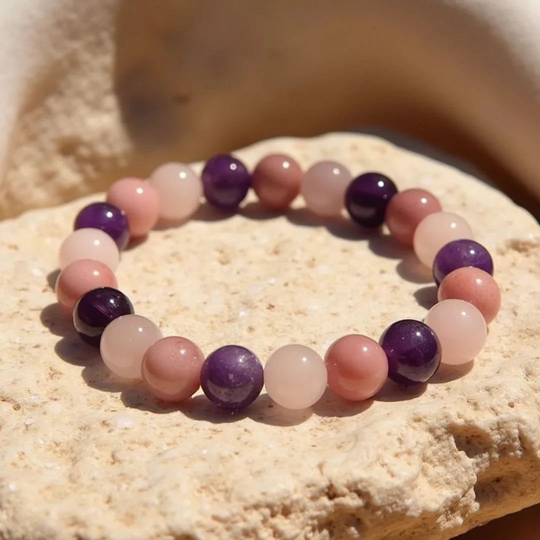 Bracelet "Amour Retrouvé" en Rhodonite, Améthyste & Quartz Rose