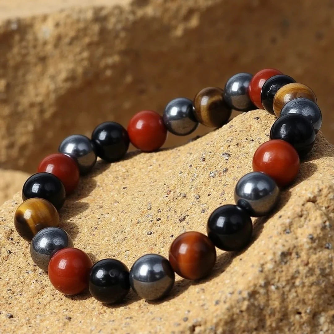 Bracelet "Bouclier de Gaïa" en Jaspe Rouge, Tourmaline, Oeil de Tigre & Hématite