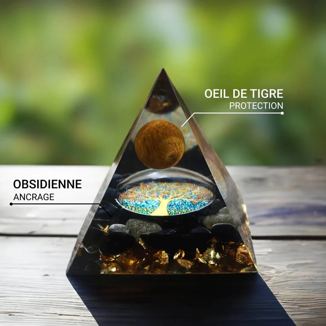 Orgonite en Oeil de Tigre & Obsidienne - Arbre de Vie Renaissant