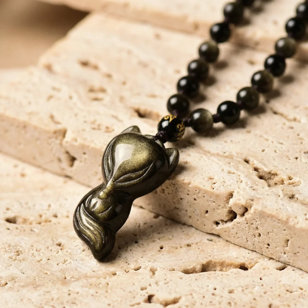 Pendentif en Obsidienne Dorée - Renard Malicieux