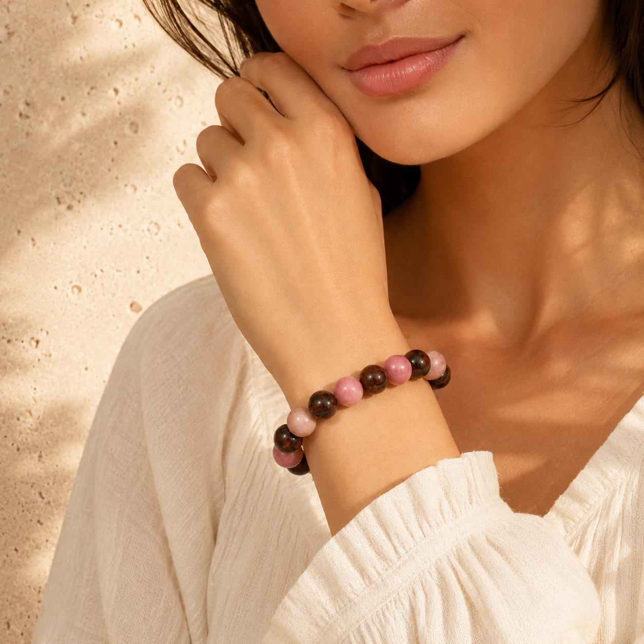 Bracelet en Rhodochrosite & Oeil de Tigre Rouge - Force du Cœur