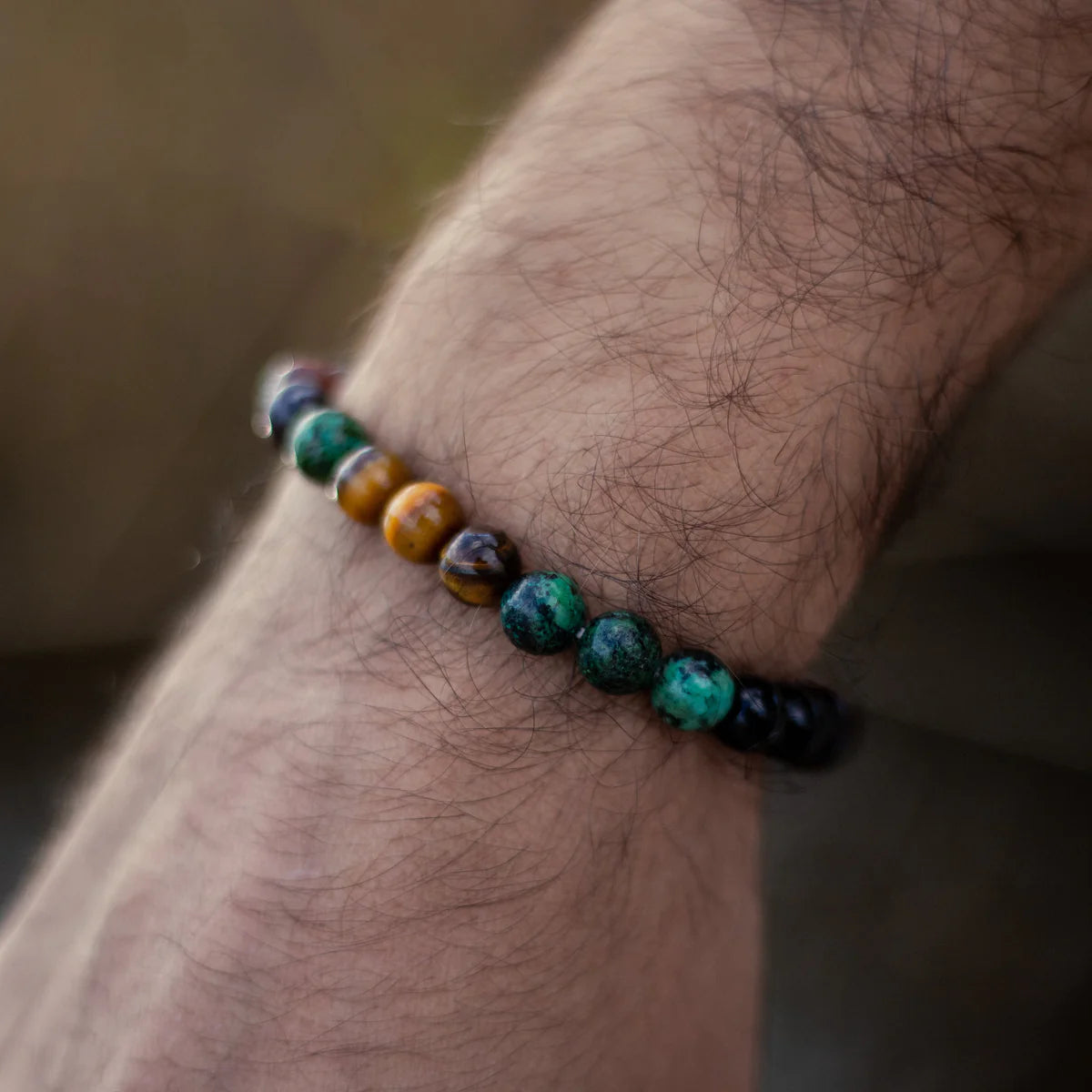 Bracelet "Bouclier d’Harmonie" en Oeil de Tigre, Oeil de Taureau & Turquoise Africaine