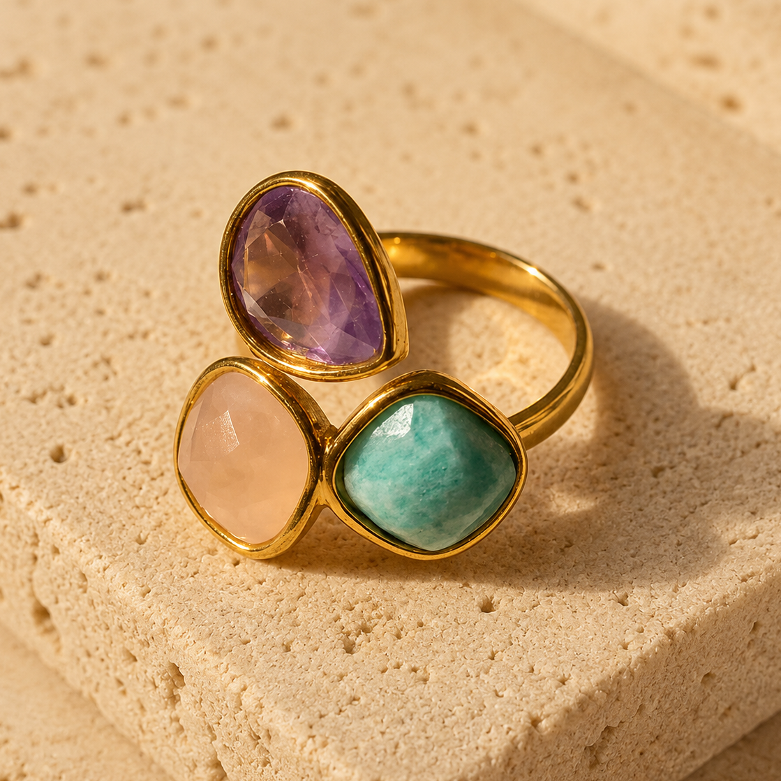 Bague en Amazonite, Quartz Rose & Améthyste - Apaisement Minéral