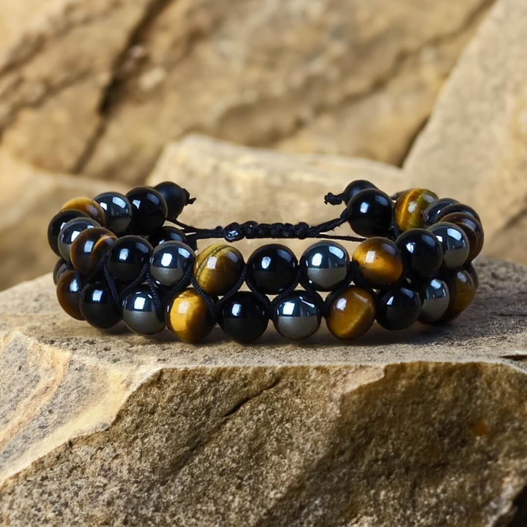 Bracelet "Bouclier Tellurique" en Obsidienne, Hématite & Oeil de Tigre