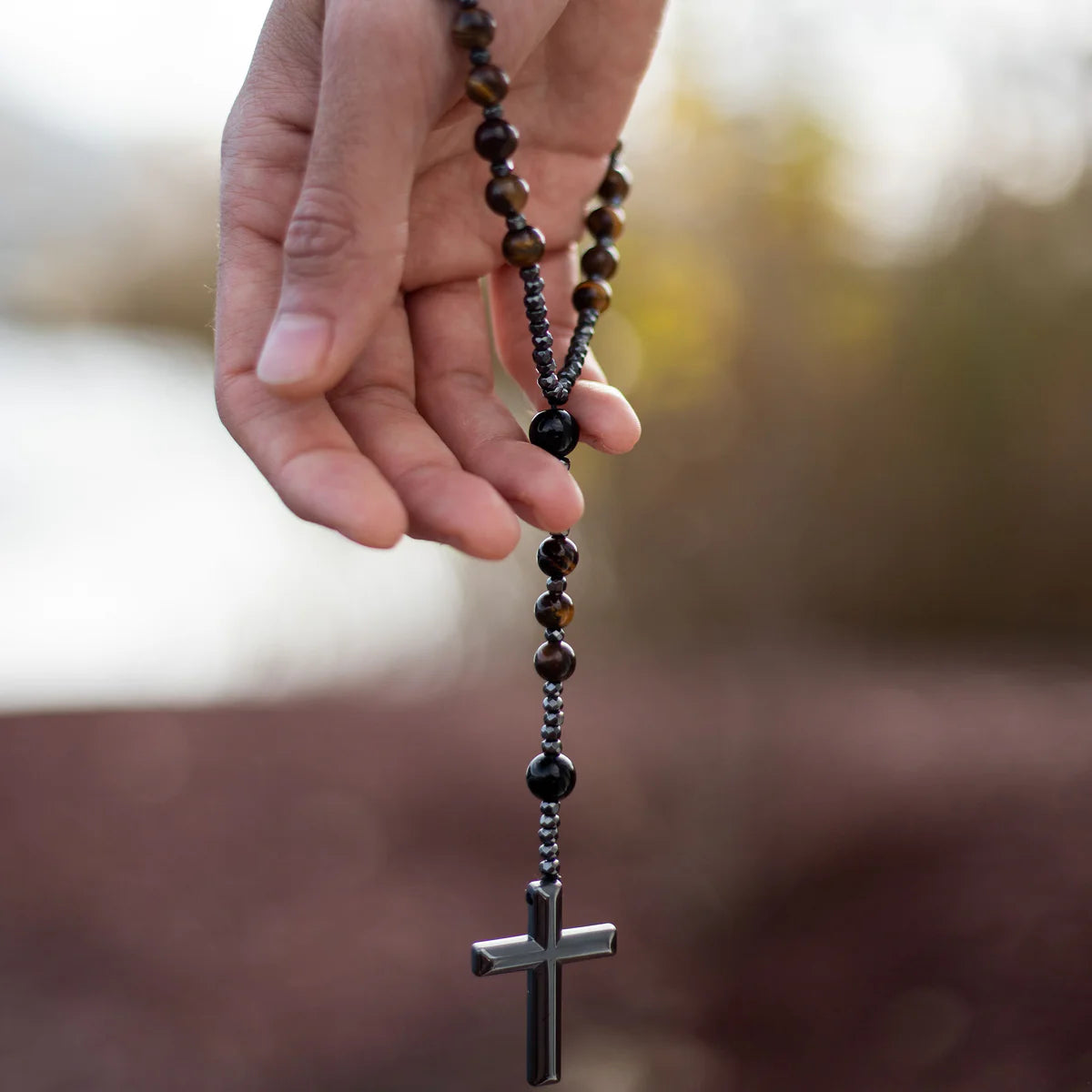Collier Chapelet "Bénédiction" en Oeil de Tigre & Hématite