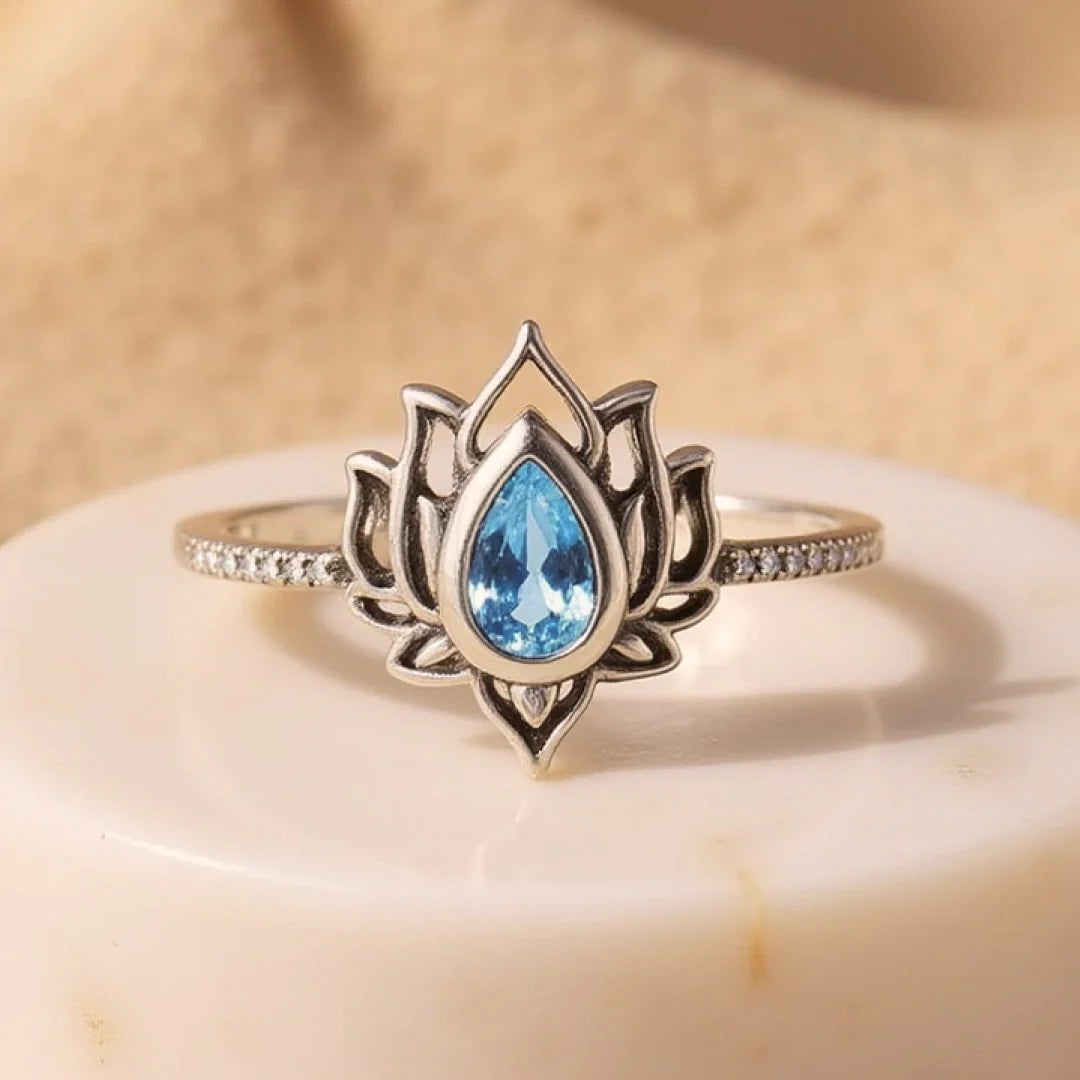 Bague "Fleur de Lotus" en Argent & Zircon Bleu