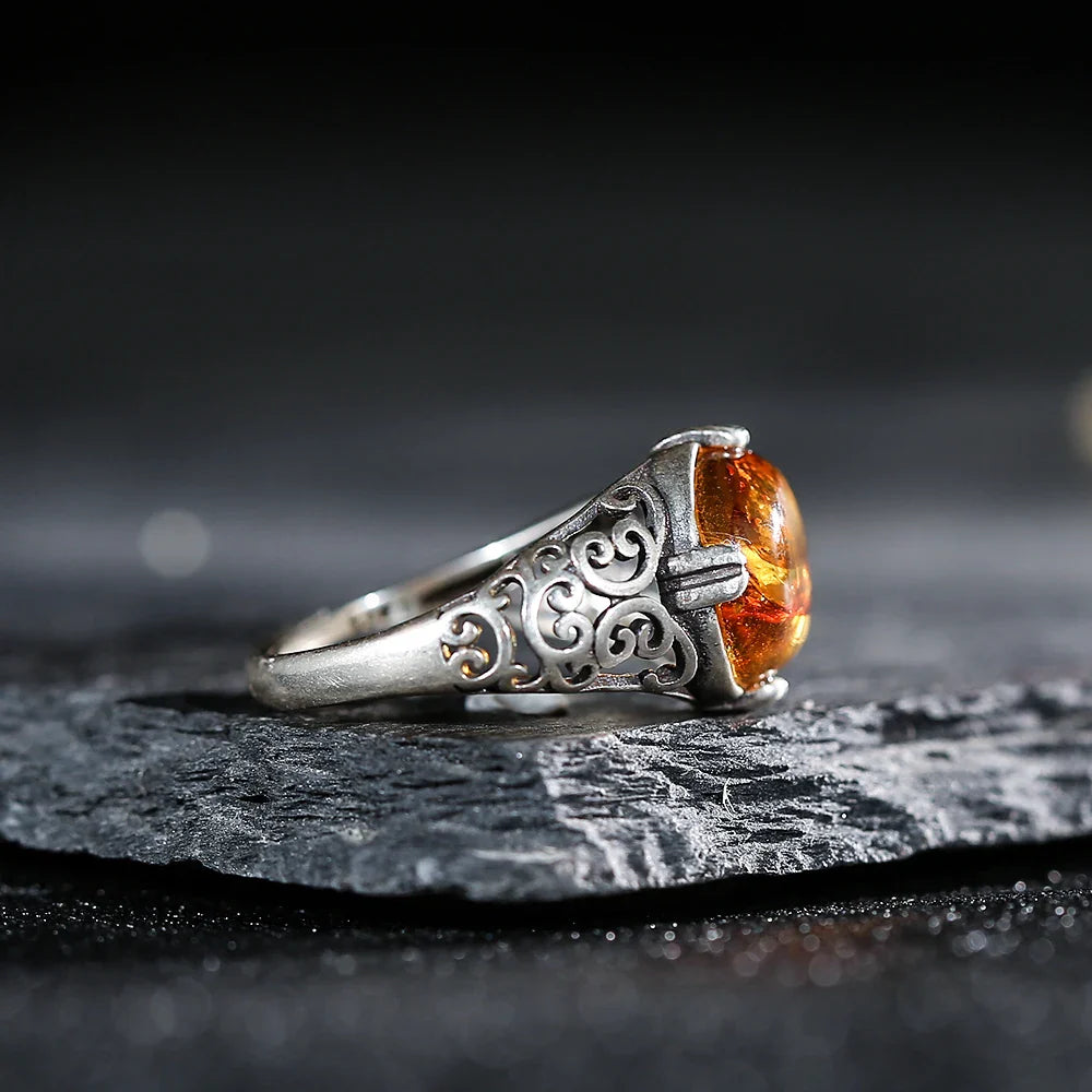 Bague Ajustable "Soléa" en Ambre & Argent