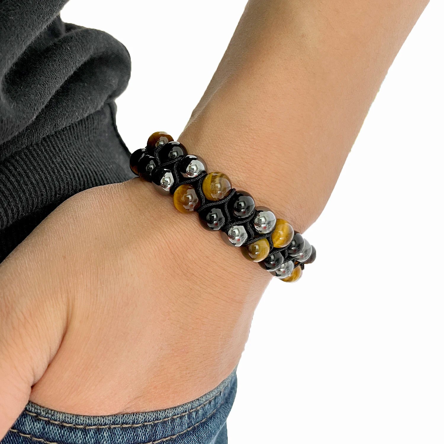 Bracelet "Bouclier Tellurique" en Obsidienne, Hématite & Oeil de Tigre