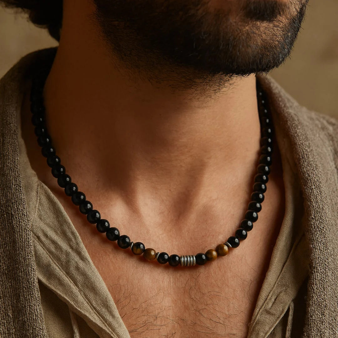 Collier "Ligne de Force" en Oeil de Tigre & Obsidienne Noire