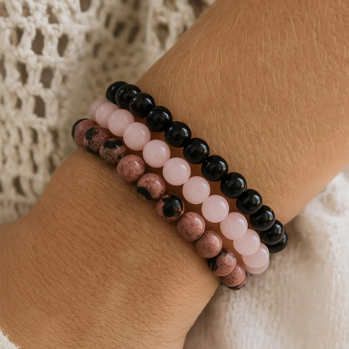 Bracelets en Onyx, Quartz Rose & Rhodonite  - Balance & Sérénité