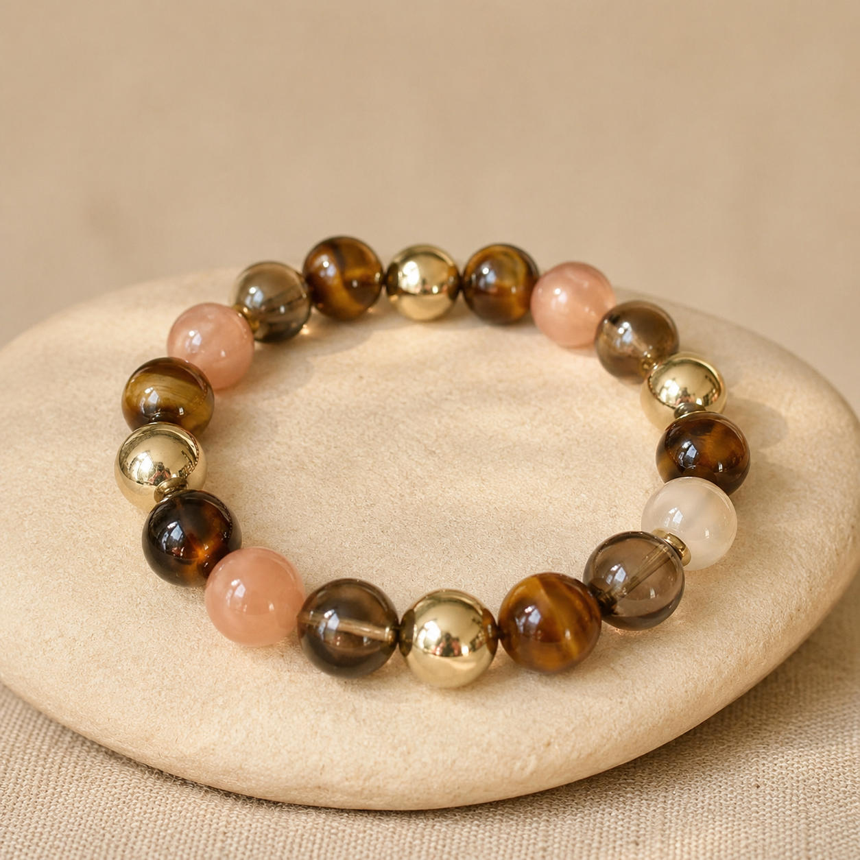 Bracelet en Quartz Rutile Doré, Pyrite, Oeil de Tigre, Pierre de Soleil, Quartz Fumé - Solaris