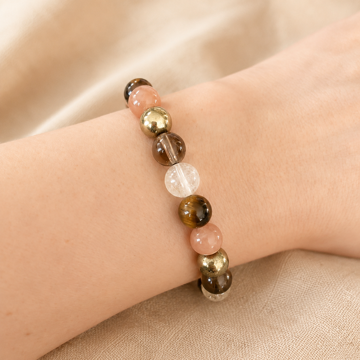 Bracelet en Quartz Rutile Doré, Pyrite, Oeil de Tigre, Pierre de Soleil, Quartz Fumé - Solaris