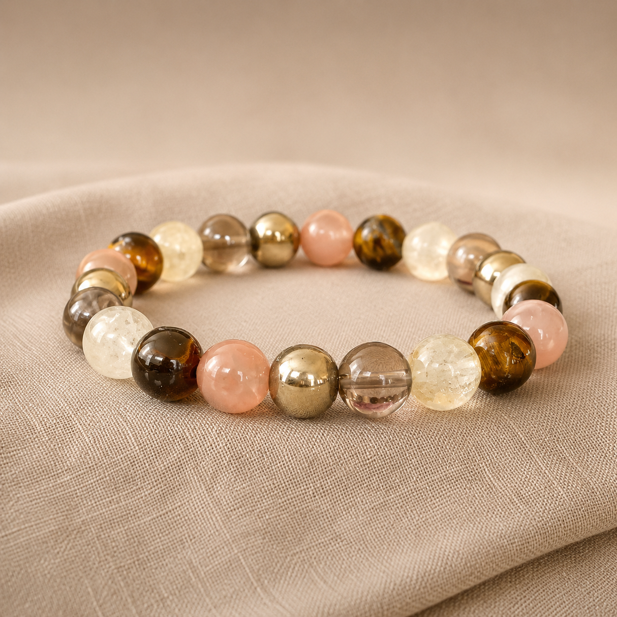 Bracelet en Quartz Rutile Doré, Pyrite, Oeil de Tigre, Pierre de Soleil, Quartz Fumé - Solaris
